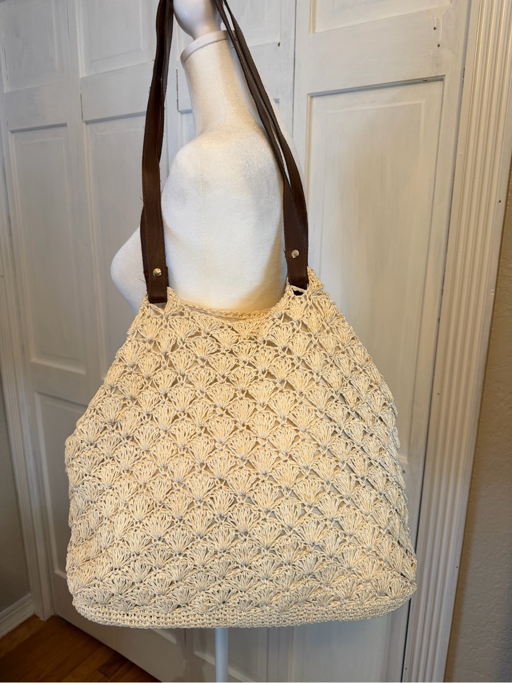 Jennifer Moore Cream Crochet Shoulder Bag with Brown Straps
